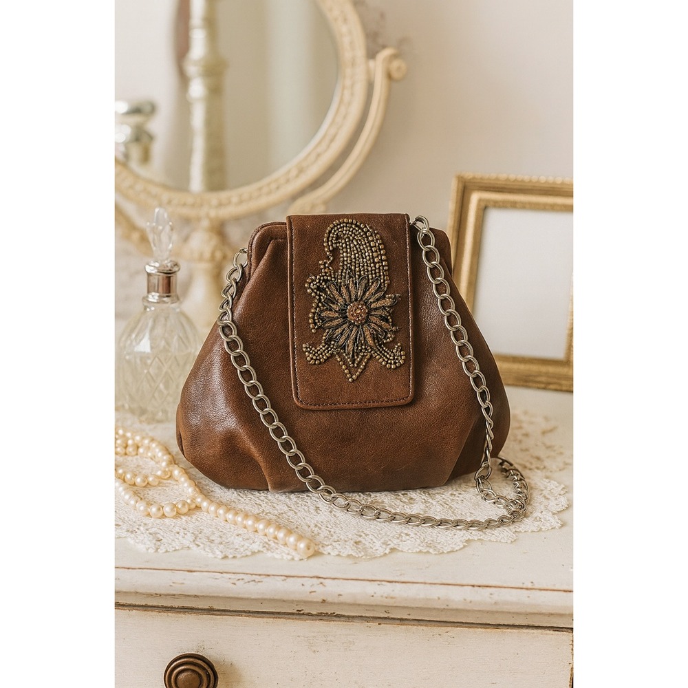 Liz Soto Leather Purse Chain Strap Embellished Brown Handbag Kiss Lock Clutch